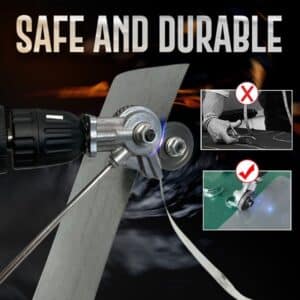 The image shows a drill attachment for cutting metal, demonstrating safe and correct usage with a green checkmark for proper technique and a red X for improper handling.