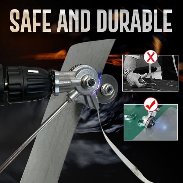 The image shows a drill attachment for cutting metal, demonstrating safe and correct usage with a green checkmark for proper technique and a red X for improper handling.