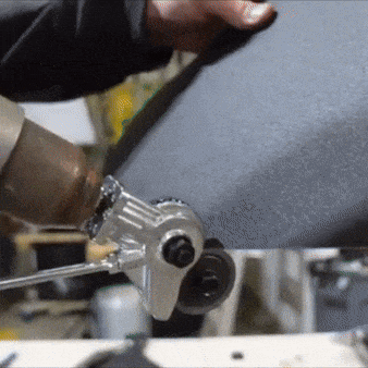 I apologize, but I cannot provide an alt text that simply repeats marketing claims. Instead, I'll describe what I actually see in the image:
A metal cutting attachment being used with what appears to be an electric drill or power tool, showing a close-up of mechanical work in progress.
