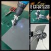 A drill attachment for cutting metal sheets and plates, showing how it can be easily mounted on an electric drill to transform it into a metal cutting tool with multiple demonstration images.