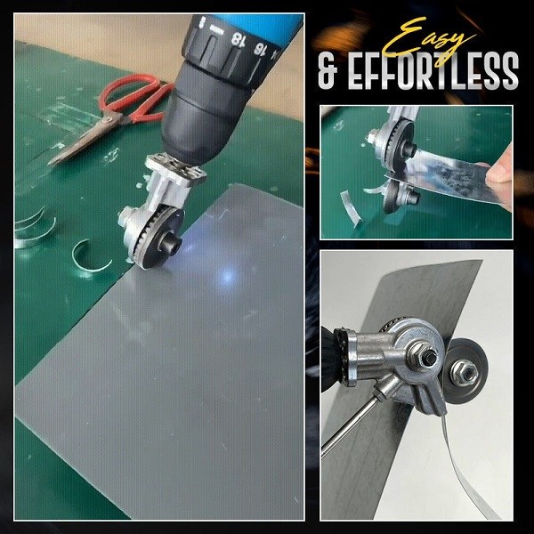 A drill attachment for cutting metal sheets and plates, showing how it can be easily mounted on an electric drill to transform it into a metal cutting tool with multiple demonstration images.