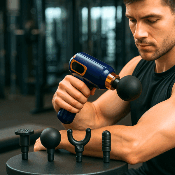 Muž v černém tričku používá modrý masážní přístroj s vyměnitelnými nástavci na uvolnění svalů po tréninku, v pozadí fitness centrum.