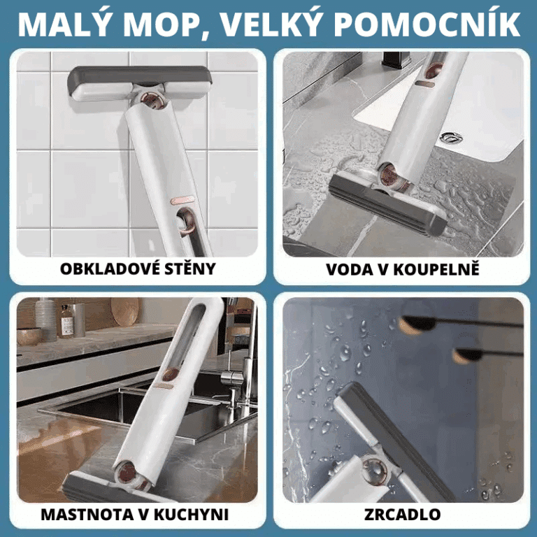 Čtyři obrázky ukazující víceúčelový mop v různých situacích úklidu - na obkladech, mokré podlaze, mastné kuchyňské ploše a zrcadle, demonstrující jeho všestranné použití.