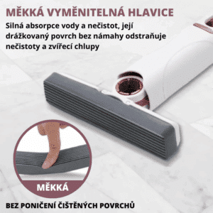 Bílý čisticí mop s měkkou vyměnitelnou hlavicí, která absorbuje vodu a nečistoty a má vroubkovaný povrch pro snadné odstraňování zvířecích chlupů.