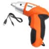 Dobíjateľný elektrický skrutkovač značky Tuoye v oranžovo-čiernej farbe s USB nabíjacím káblom, určený pre domácich majstrov a drobné opravy.