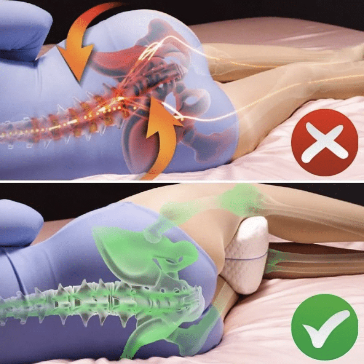 Anatomická ilustrace znázorňující správné a nesprávné uložení páteře při spánku s ortopedickým polštářkem mezi koleny, s barevně odlišenými variantami (červenou jako nevhodnou a zelenou jako doporučenou).