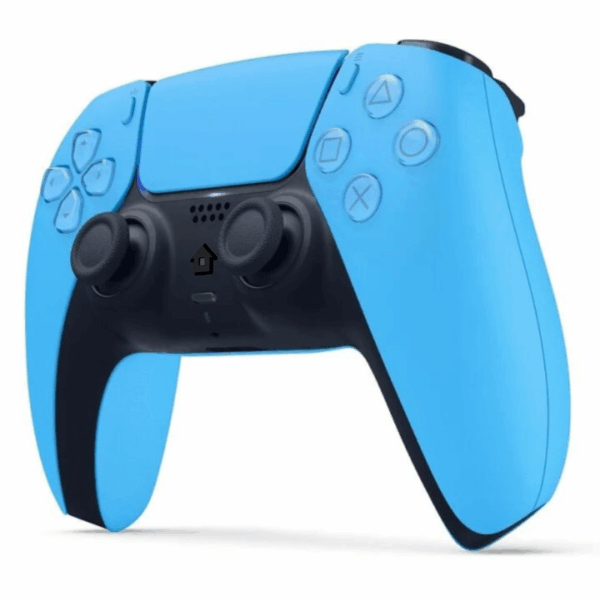 Modrý herní ovladač PlayStation 5 DualSense s černými detaily a charakteristickým designem tlačítek a analogových pák.