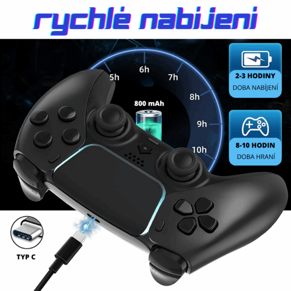 Černý herní ovladač s dobíjecí baterií 800 mAh, zobrazující dobu nabíjení 2-3 hodiny a herní dobu 8-10 hodin, připojený přes USB-C kabel.