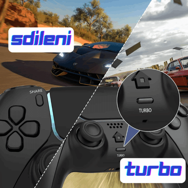 Herní ovladač s logem Sdílení a Turbo tlačítkem, zobrazený vedle sportovního vozu při závodě v pouštním prostředí.