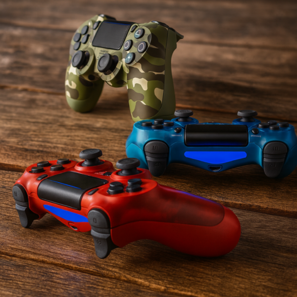 Tři herní ovladače PlayStation 4 v různých barvách - maskáčové zelené, modré a červené - položené na dřevěném povrchu.