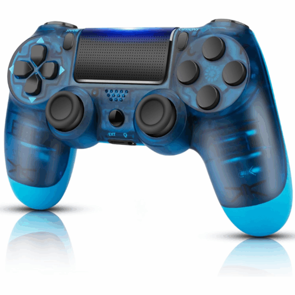 Modrý průhledný bezdrátový herní ovladač PlayStation 4 s černými tlačítky a touchpadem, stylizovaný v modro-azurovém gradientu.