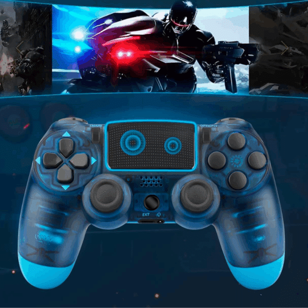Modrý průsvitný herní ovladač PlayStation 4 s černými tlačítky a futuristickým designem, v pozadí obrázek bojového robota ve sci-fi scenérii.
