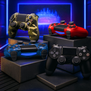 Čtyři herní ovladače PlayStation 4 v různých barvách (zelená kamufláž, modrá, červená a černá) umístěné na černých podstavcích s modrým osvětlením na pozadí.