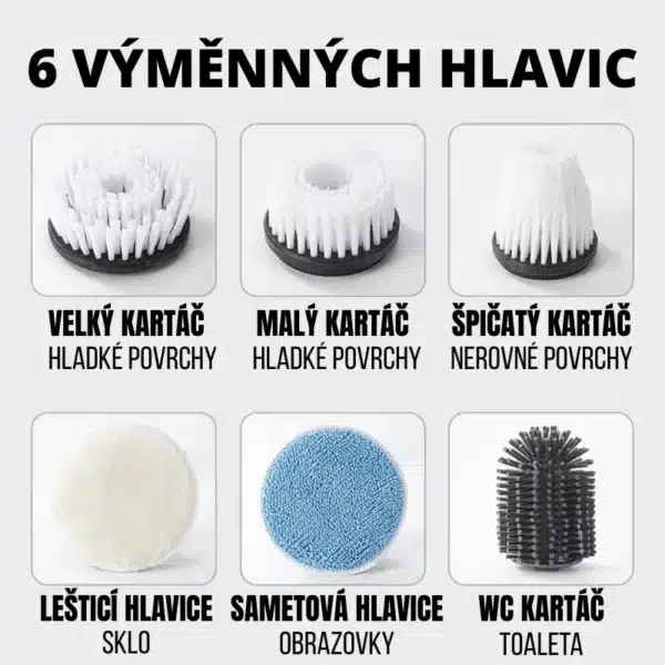 Šest vyměnitelných kartáčových nástavců pro čištění různých povrchů a předmětů, včetně kartáčů na hladké a nerovné plochy, leštícího nástavce na sklo, sametového kartáče na obrazovky a WC kartáče.