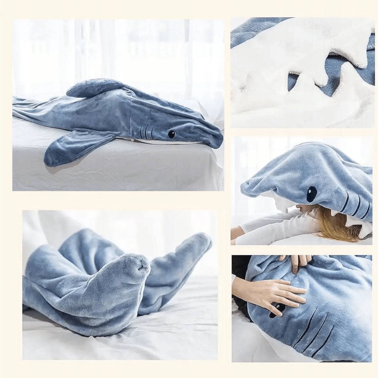 Plyšový žralok v modré barvě zobrazený z několika úhlů, včetně pohledu na osobu s žralokem na hlavě a detail jemného textilního povrchu hračky.