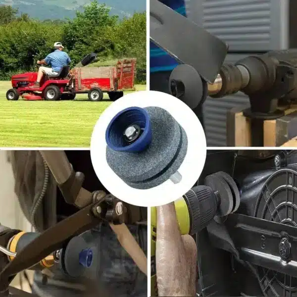 Víceúčelový brusný nástavec zobrazený na pozadí sekání trávy, broušení a údržby nástrojů v různých pracovních prostředích.