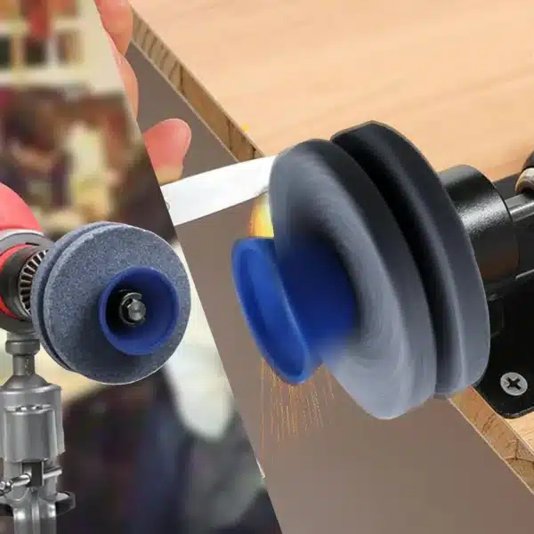 Ostření nože na brusce s rotujícím kotoučem, který vytváří jiskry při broušení ostří na dřevěné desce.