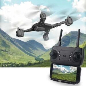 Mini drone with HD camera flying over a mountainous landscape, controlled by a handheld remote with a display screen showing the drone's aerial view.