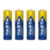 These are four Varta Longlife Power AA batteries in a blue and yellow color scheme, lined up side by side against a white background.