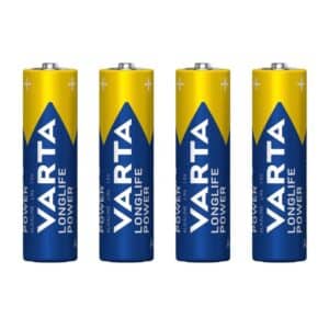 These are four Varta Longlife Power AA batteries in a blue and yellow color scheme, lined up side by side against a white background.