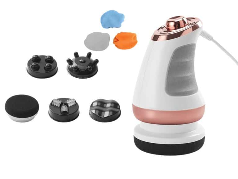 Ruční masážní přístroj s několika vyměnitelnými nástavci v bílé, černé a oranžové barvě, určený pro uvolnění svalů a regeneraci těla.