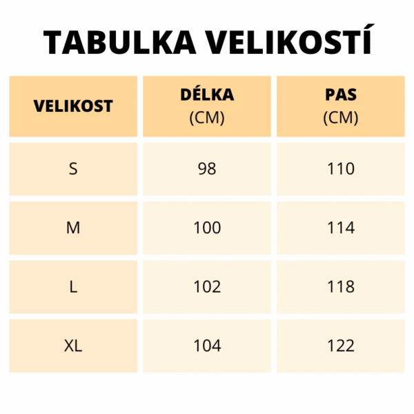 Tabulka velikostí s délkou a pasem pro různé konfekční velikosti S, M, L a XL, zobrazující rozměry v centimetrech.