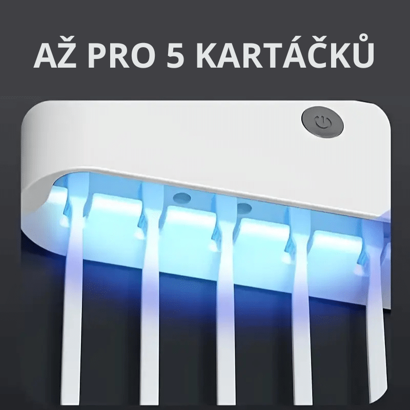 Sterilizátor zubních kartáčků s UV světlem, který pojme až 5 kartáčků a dezinfikuje je pomocí modrého ultrafialového záření.