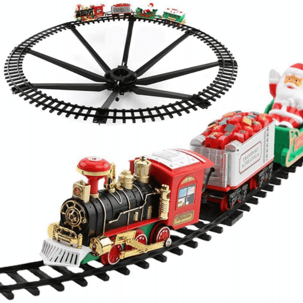 Vánoční vláček s parní lokomotivou v červeno-zelené barvě, jedoucí po černých kolejích s figurkou Santa Clause, určený jako dekorativní vánoční dekorace.