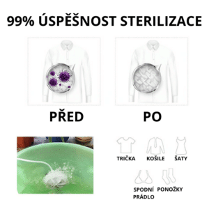 Vizualizace sterilizačního procesu ukazující eliminaci mikroorganismů před a po praní, s ilustrací různých druhů oblečení a zelené nádoby s pracím prostředkem.