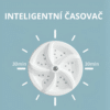 Inteligentní časovač v designu připomínajícím pračku s bílým kruhovým motivem a vyznačenými 30minutovými intervaly na modrošedém pozadí.