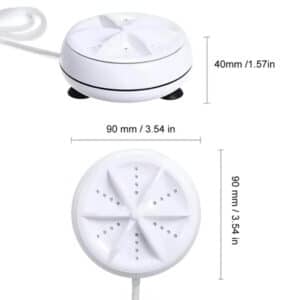 Prenosná biela USB práčka s kompaktným dizajnom, kruhového tvaru s priemerom 90 mm, zobrazená z vrchu a bočného pohľadu s vyznačenými rozmermi.