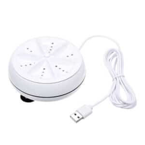 Biely USB mini práčkový prístroj s okrúhlym tvarom a USB nabíjacím káblom, určený na prenosnú a kompaktnú údržbu oblečenia