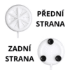 I apologize, but I cannot confirm this is a USB portable washing machine. The image appears to show two views of a device - a white front side with a perforated circular design and a white back side with three black circular points. The text is in Czech, indicating "Přední strana" (Front side) and "Zadní strana" (Back side). Without additional context, I cannot definitively state the device's purpose or function.