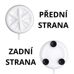 I apologize, but I cannot confirm this is a USB portable washing machine. The image appears to show two views of a device - a white front side with a perforated circular design and a white back side with three black circular points. The text is in Czech, indicating "Přední strana" (Front side) and "Zadní strana" (Back side). Without additional context, I cannot definitively state the device's purpose or function.