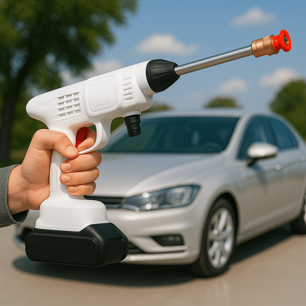 Bílá tlaková myčka v ruce, zaměřená na stříbrné osobní auto v pozadí, připravená k čištění.