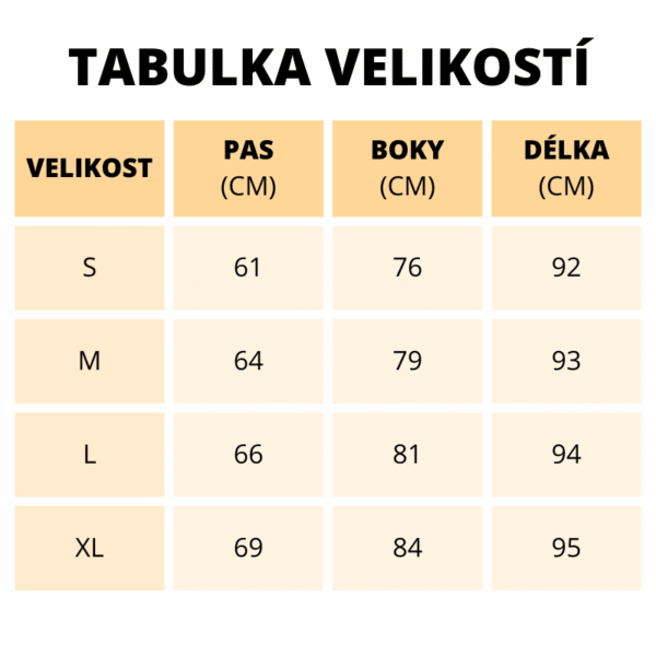 Tabulka velikostí oblečení s rozměry pasu, boků a délky pro velikosti S, M, L a XL v centimetrech.