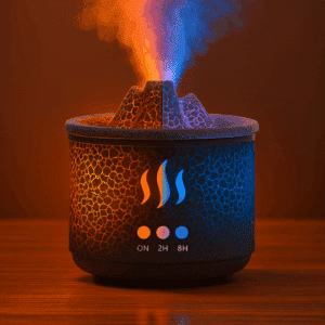 Designový difuzér éterických olejů s praskajícím povrchem v červené a modré barvě, který vytváří barevnou mlhu ve dvou různých módech s časovačem 2 a 8 hodin.