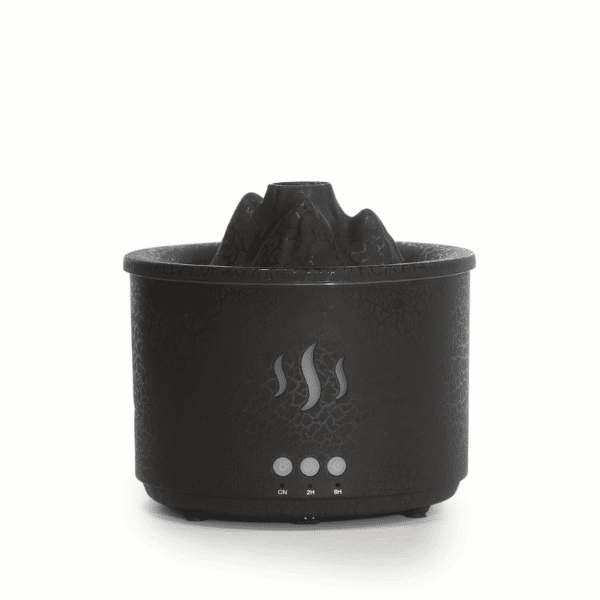 Černý aromadifuzér s motivem hor ve tvaru víka, vybavený třemi tlačítky pro ovládání a symbolem tepla uprostřed.