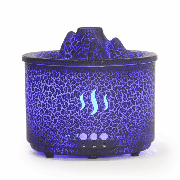 Modrý aromadifuzér s praskajícím povrchem a třemi tlačítky, který vydává světelné a vonné efekty v designu připomínajícím crater.