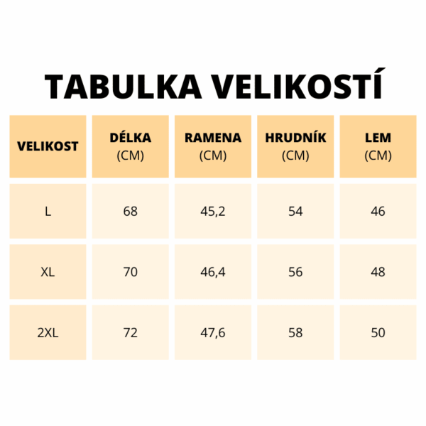 Tabulka velikostí s rozměry pro velikosti L, XL a 2XL, zobrazující délku, šířku ramen, obvod hrudi a délku lemu v centimetrech.