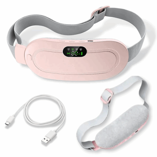 Elektrický masážní pás v růžovo-šedé barvě s digitálním displejem, včetně nabíjecího kabelu USB-C a adaptéru, určený pro úlevu od bolesti a relaxaci.