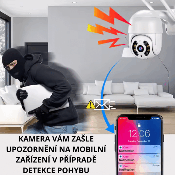 Bezpečnostní kamera detekující pohyb pachatele v interiéru a odesílající upozornění na mobilní zařízení majitele, ilustrující zabezpečení domácnosti proti vloupání.