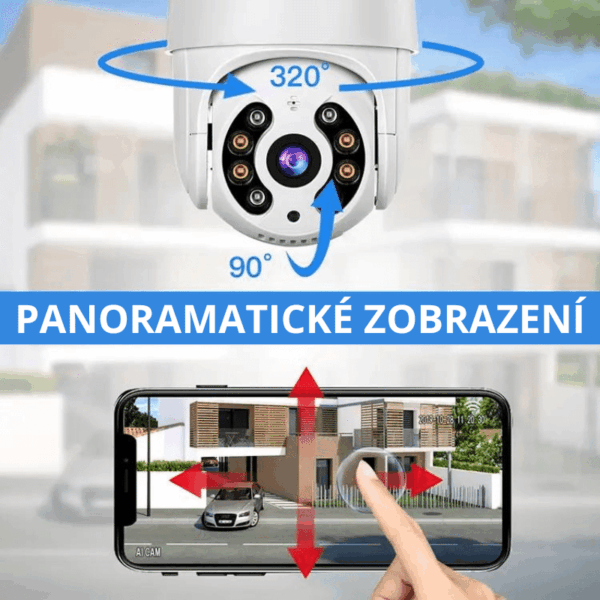 Bezpečnostní kamera s panoramatickým zobrazením 320° a 90° rozsahem, umožňující sledování prostoru přes mobilní aplikaci na chytrém telefonu.