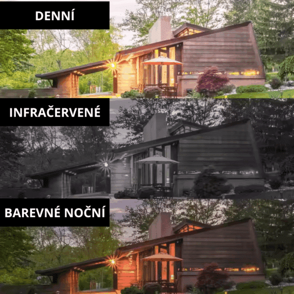 Srovnání tří snímků moderního dřevěného domu v různých světelných podmínkách - denní, infračervené a barevné noční, ukazující rozdíly v osvětlení a barvách.