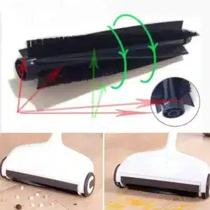 Bezdrátový zametač s ergonomickým designem, znázorňující detail rotačního kartáče a způsob sběru drobků z podlahy bez použití kabelů nebo baterií.