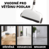 Bezdrátový zametač s bílou ergonomickou hlavicí, vhodný pro různé typy podlah včetně dřevěné, keramické a mramorové, určený pro snadný úklid bez kabelů a baterií.