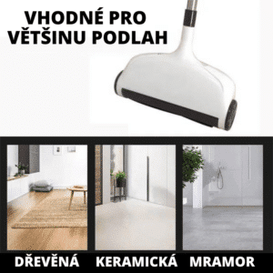 Bezdrátový zametač s bílou ergonomickou hlavicí, vhodný pro různé typy podlah včetně dřevěné, keramické a mramorové, určený pro snadný úklid bez kabelů a baterií.