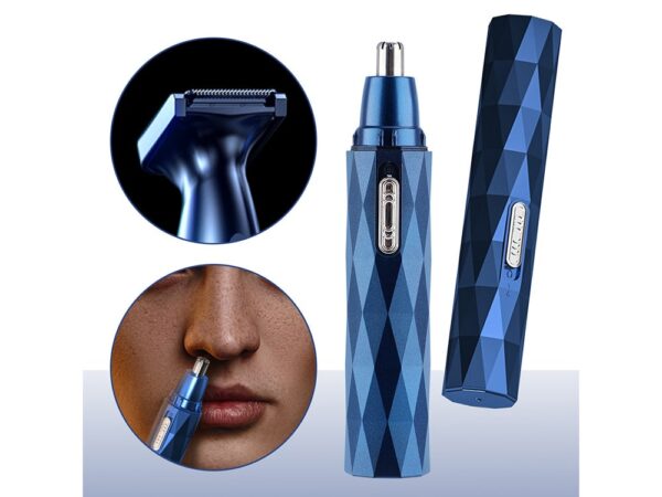 Modrý zastřihovač chloupků do nosu a uší s geometrickým designem, zobrazený ze tří pohledů včetně detailu použití na nose.
