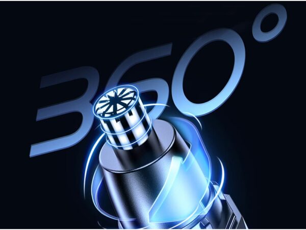 3D render metalické láhve s číslem 360° v pozadí, znázorňující inovativní design produktu s dynamickým modrým osvětlením a kovovým povrchem.