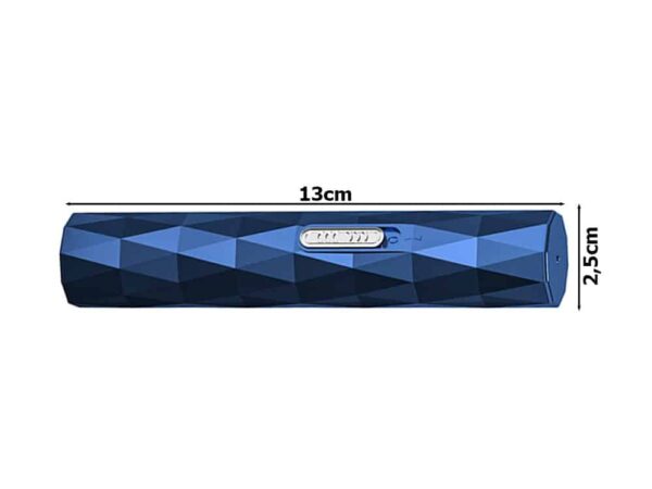 Modrý válec s geometrickým designem o rozměrech 13 cm x 2,5 cm s ovládacím prvkem, pravděpodobně elektronické zařízení nebo příslušenství.